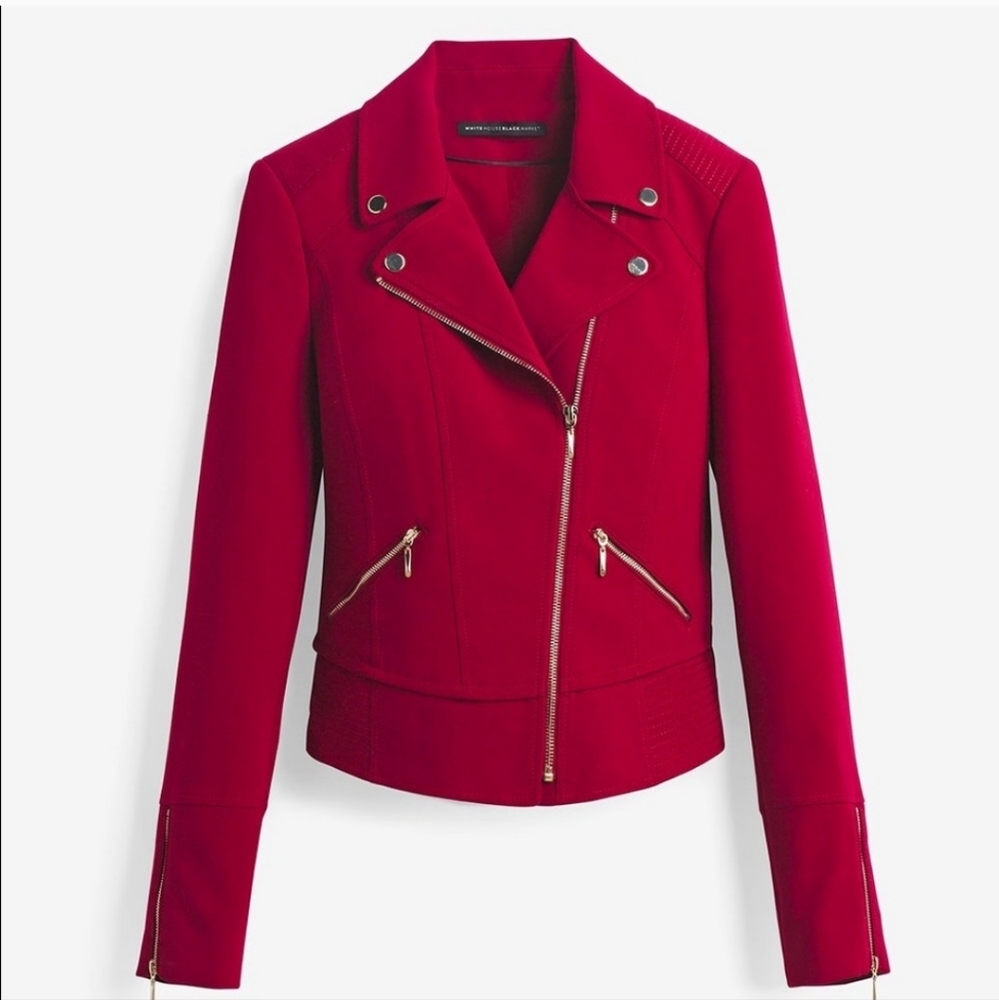 White House Black Market dark red/burgundy moto jacket gold buttons zipper sz 4